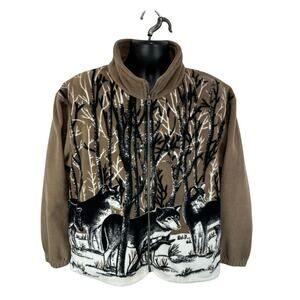Vintage Printed Fleece Sweater Wolf Nature Outdoors Sz Large Full Zip Angderson